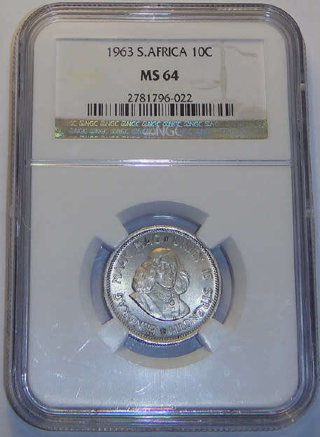 Republic of South Africa : Silver Ten Cent of 1963 : NGC graded MS64