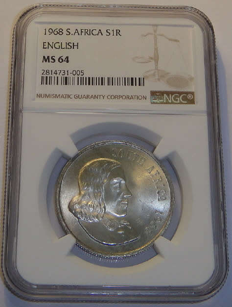 Republic of South Africa : One Rand of 1968 (English) : NGC graded MS64