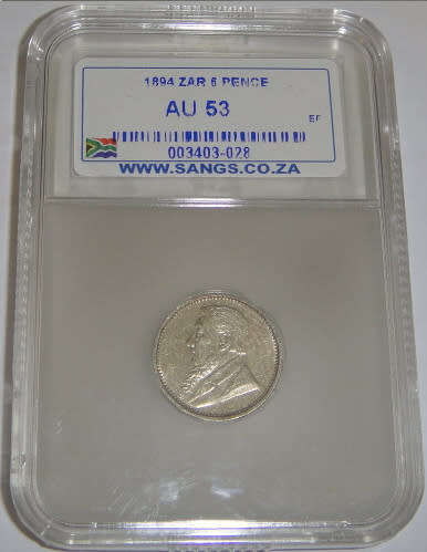 Paul Kruger ZAR : Sixpence (6d) of 1894 : Sangs graded AU53