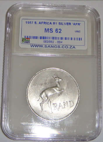 Republic of South Africa : Silver R1 of 1967 (Afrikaans): Sangs graded MS62