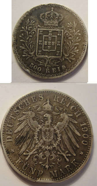 Two old European Silver Coins: Hamburg Five Marks 1900 & Portugal 500 Reis of 1903