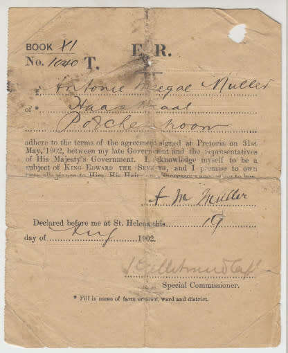 Anglo Boer War: P.O.W. Oath of Allegiance St Helena: Antonie Muller, Potchefstroom Commando