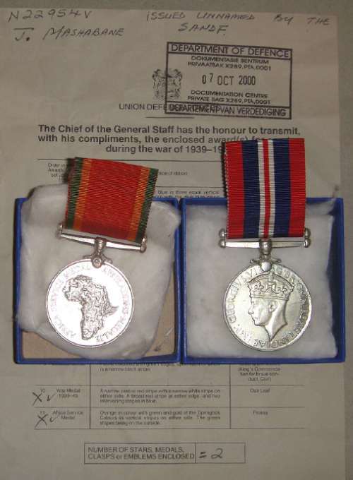 War Medal & Africa Service Medal (unnamed) awarded to N22954 J Mashabane