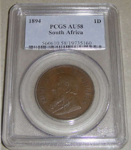 Paul Kruger ZAR : Penny (1d) of 1894 : PCGS graded AU58