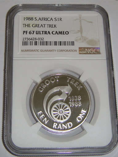 Republic of South Africa: Silver R1 of 1988 (The Great Trek) NGC graded PF 67 Ultra Cameo