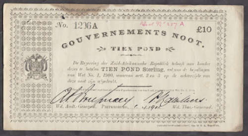 Z.A.R. Boer War Emergency Gouvernements Tien Pond Note dated Pietersburg 1.4.1901