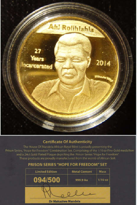 Nelson Mandela Prison Life Medallion : GOLD 1/10 Oz Medallion