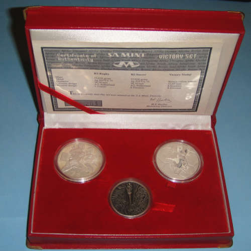 SA Mint: Victory Sterling Silver R2 Crown Set (1995 Rugby & 1996 Soccer)