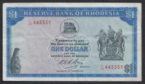 Reserve Bank Of Rhodesia : Salisbury : One Dollar Banknote dated 18 August 1971