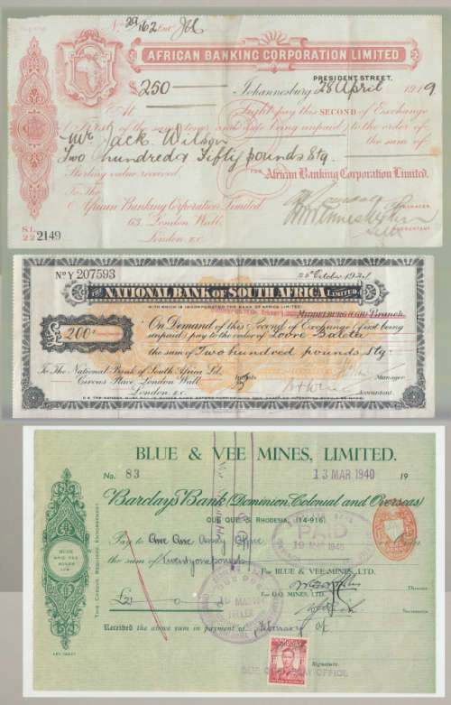 Three old African Banking Cheques of 1919, 1921 and 1940