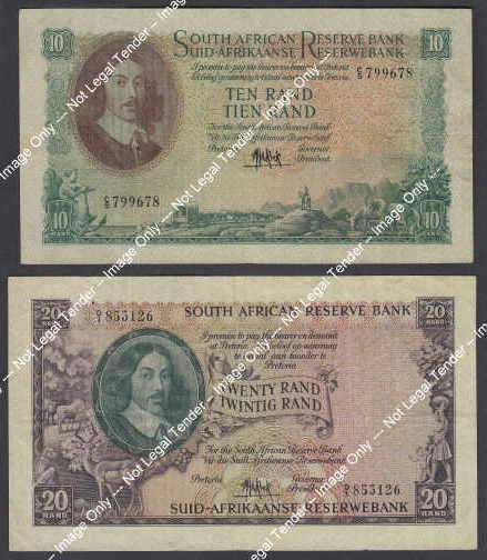 Jan van Riebeeck R10 and R20 notes of 1961 (Two sets available)