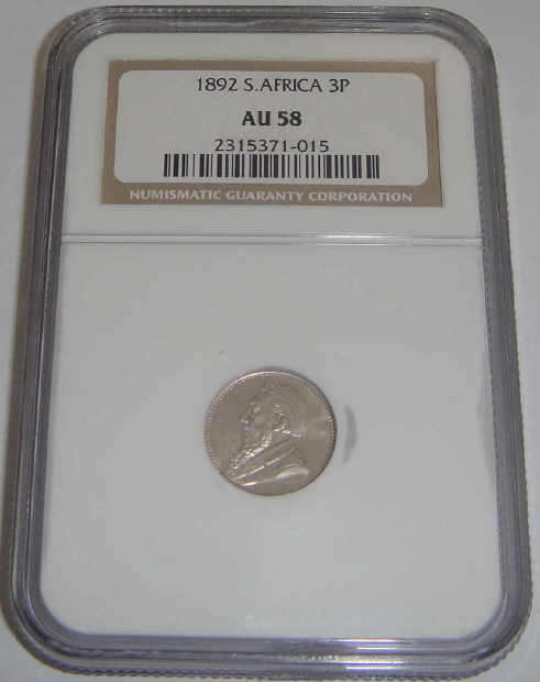 Paul Kruger ZAR Three Pence of 1892 (NGC graded AU58)