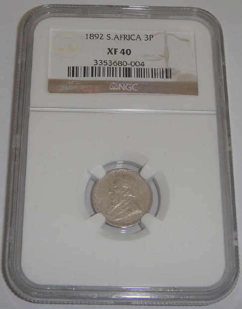 Paul Kruger ZAR Six Pence of 1892 (NGC graded AU58)