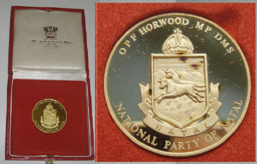 22ct GOLD MEDAL awarded to Finance Minister Owen Horwood on 16.8.1984 (Durban)