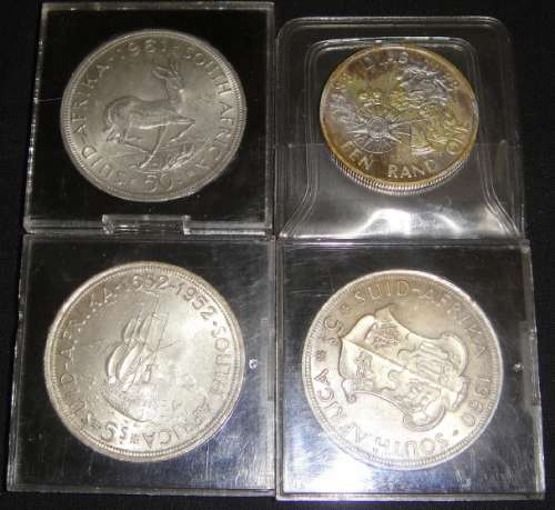 South Africa : Three Silver Crowns (1952, 1960, 1961) & 1988 Proof Silver R1 (Dias Commemorative)