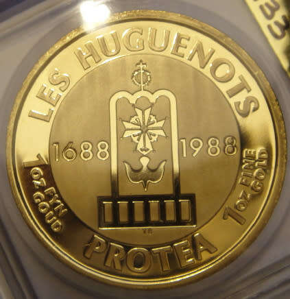 Republic of South Africa: PROOF 1 Oz GOLD Protea of 1988 (The Huguenots): SAGCE 103 Points