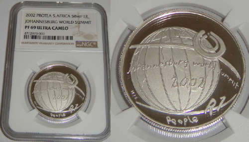 Republic of South Africa: Silver R1 of 2002 (Johannesburg World Summit) NGC graded PF 69 Ultra Cameo