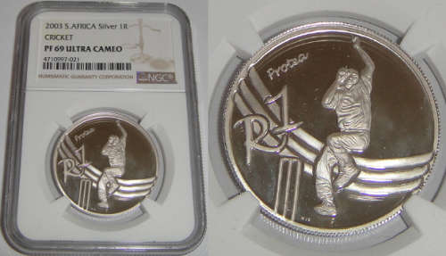 Republic of South Africa : Silver R1 of 2003 (Cricket) : NGC graded PF 69 Ultra Cameo