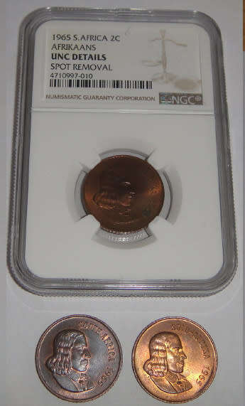 Republic of South Africa : Two Cent (2c) of 1965 (Afrikaans) : NGC graded UNC details