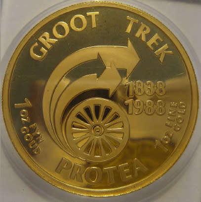 Republic of South Africa: PROOF 1 Oz GOLD Protea of 1988 (Great Trek): SAGCE 103 Points