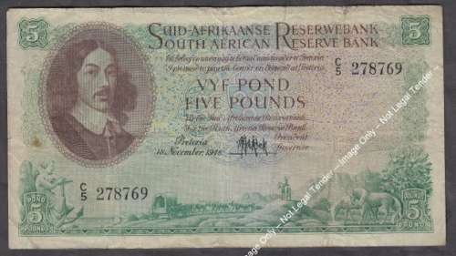 Union  of South Africa: MH de Kock : Five Pound Bank Note of 18 November 1948