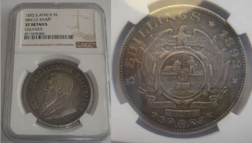 Paul Kruger ZAR : Crown (Single Shaft 5/-) of 1892 : NGC graded XF details