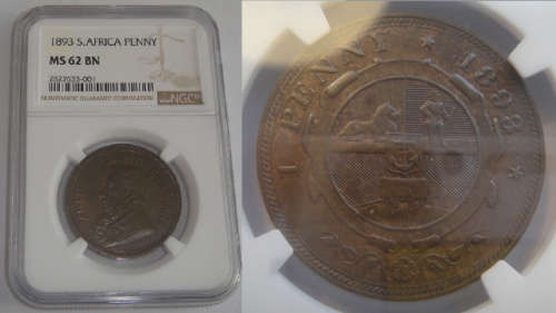 Paul Kruger ZAR : Penny (1d) of 1893 : NGC graded MS 62 BN