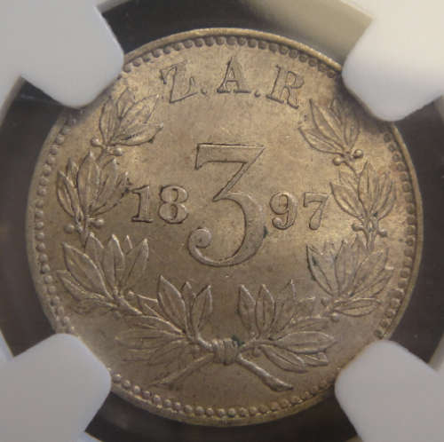 Paul Kruger Z.A.R. : Three Pence (3d) of 1897 : NGC graded MS 62