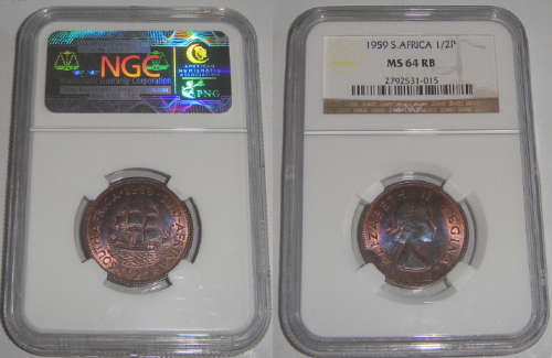 Union of South Africa : Half Penny of 1959 : NGC graded MS 64 RB