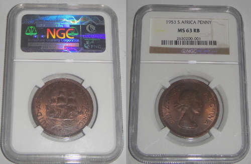 Union of South Africa : Penny of 1953 : NGC graded MS 63 RB