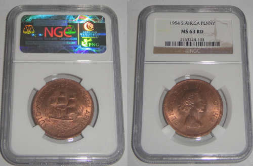 Union of South Africa : Penny of 1954 : NGC graded MS 63 RD