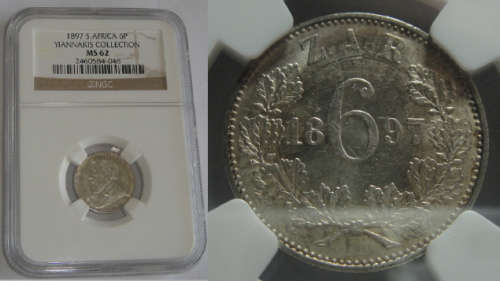 Paul Kruger ZAR : Six Pence (6d) of 1897 : NGC graded MS 62