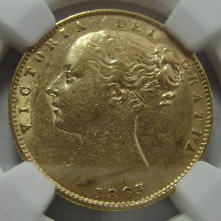 Great Britain: GOLD Sovereign of 1863:  NGC graded AU 53