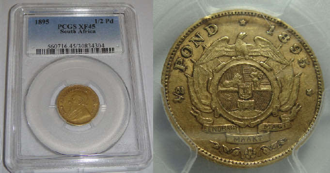 Paul Kruger ZAR : GOLD Half Pond of 1895: PCGS graded XF 45
