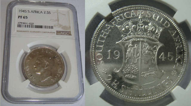Union of South Africa: Half Crown (2/6-) of 1945 : NGC graded PF 65 (Rare Date)