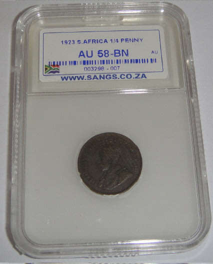 Union of South Africa: Farthing (Quarter Penny) of 1923; Sangs graded AU 58 BN
