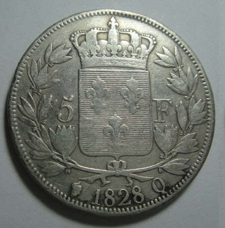 France: Charles X, Silver 5 Francs of 1828 Q (five leafs)