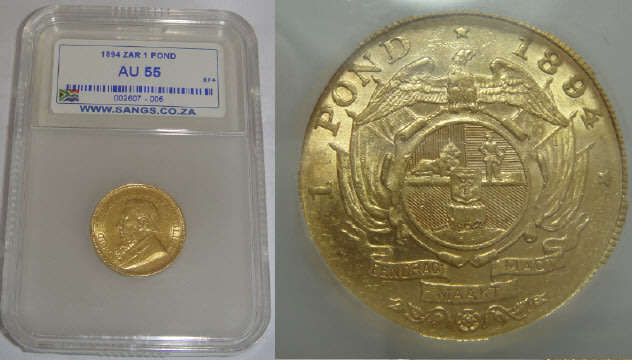 Paul Kruger ZAR: GOLD Pond (£1) of 1894:  Sangs graded AU 55