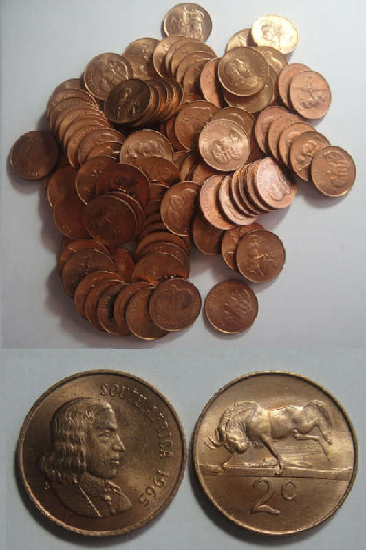 Republic of South Africa: 2c (South Africa) of 1965: 100 x UNC Coins
