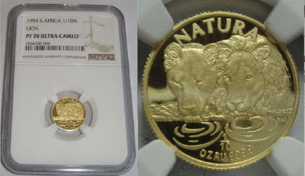 Republic of South Africa: GOLD 1/10th Natura (Lion) of 1994: NGC graded PF 70 Ultra Cameo