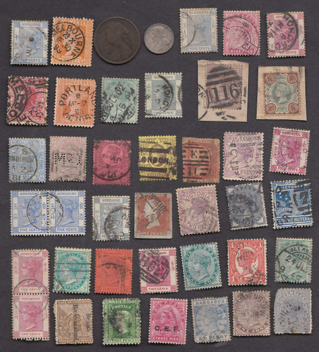 Victorian Stamp Collection plus GB Half Penny of 1880 & Paul Kruger Tickey of 1897