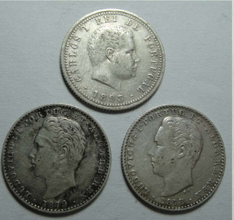 Portugal : Silver 100-Reis pieces of King Ludovicus I (1878 & 1879) and Carlos I (1893)