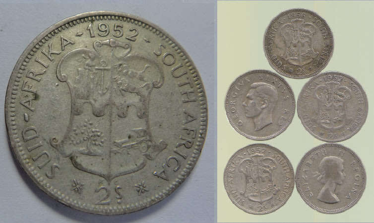 Union of South Africa: Five Silver 2-Shillings (2/-) dating from the 1950s