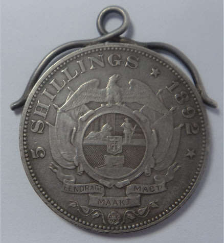 Paul Kruger ZAR: Trench / P.O.W. Art (Pendent): Five-Shillings (5/- Single Shaft) of 1892