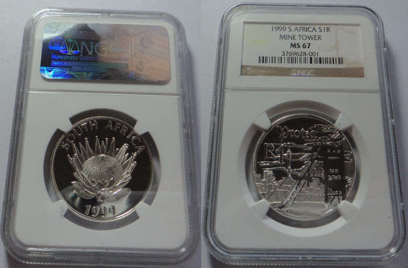 Republic of South Africa: Silver R1 of 1999 (Mine Tower): NGC graded MS 67