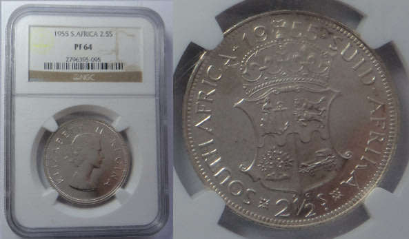 Union of South Africa: Half Crown (2/6-) of 1955:  NGC graded PF 64