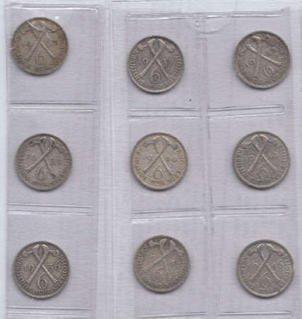 World SILVER Coin Date-Sets: Southern Rhodesia: Nine Sixpences 1934-1946
