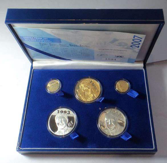 Republic of South Africa: SILVER & GOLD Protea Proof Set of 2007 (Mandela & De Klerk)