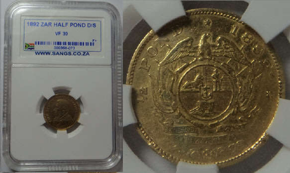 Paul Kruger ZAR: GOLD Half Pond 1892 (Double Shaft) Sangs graded VF 30
