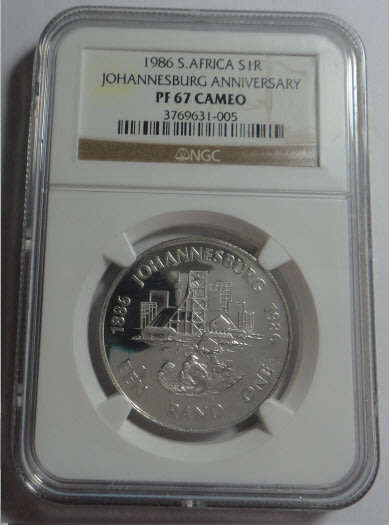 Republic of South Africa: Silver R1 of 1986 (Johannesburg Anniversary): NGC graded PF 67 Cameo